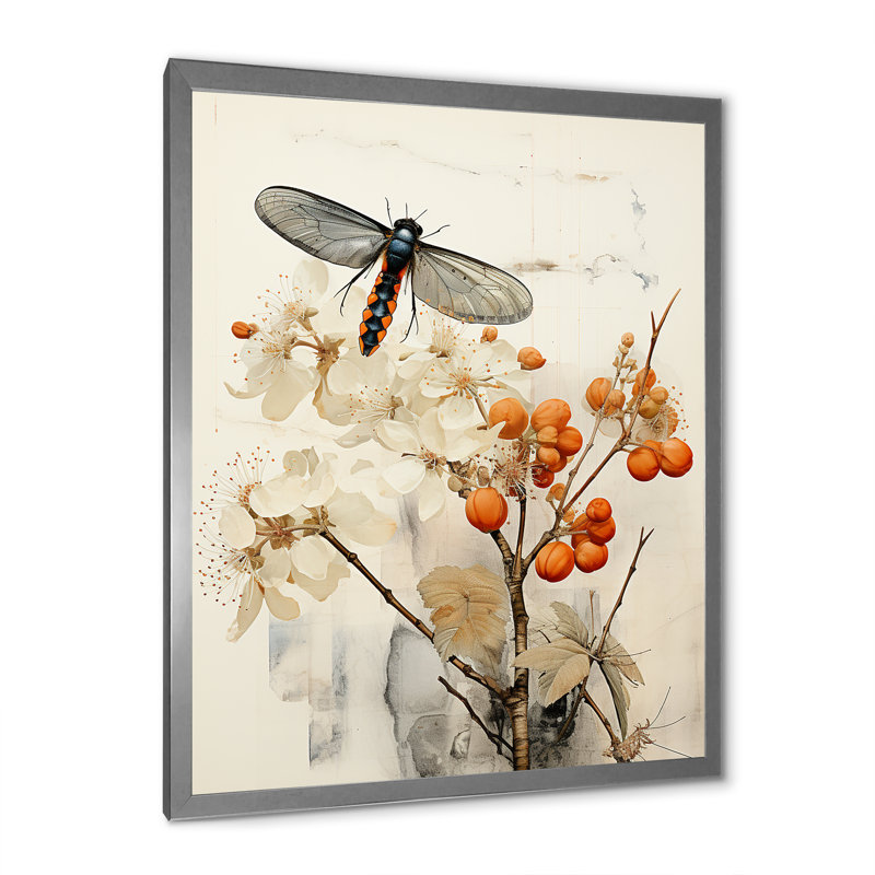 Marfak Asian Art Insectes, corail sur toile, H 44 po x l 34 po x P 1,5 po, Cadre photo argenté