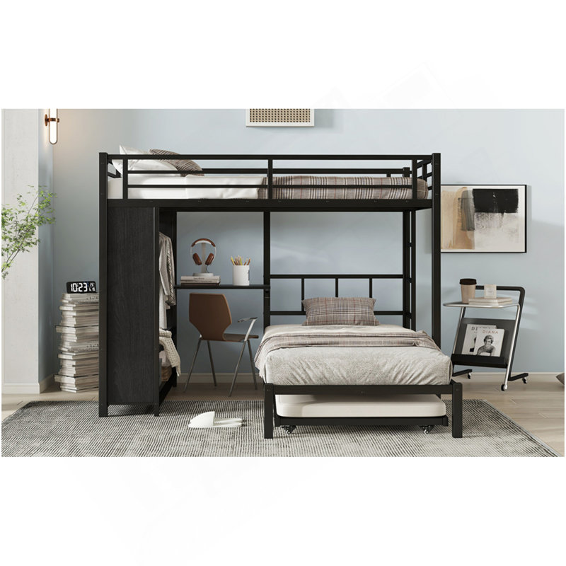 Lit superposé double au-dessus de simple avec garde-robe intégré, lit superposé en métal avec lit gigogne, bureau pliable, échelles, conception à réduction de bruit, noir
