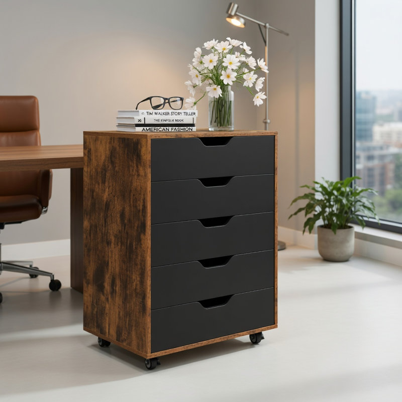  Classeur latéral mobile à 5 tiroirs avec roulettes verrouillables, armoire de rangement compacte pour la maison, le bureau et le salon, brun rustique