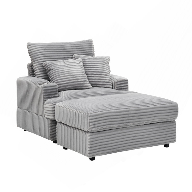 39-Inch Spring Upholstered Armchair And Ottoman Set - Comfortable Single With Cup Holder And Corduroy Fabric Sofa, Gray