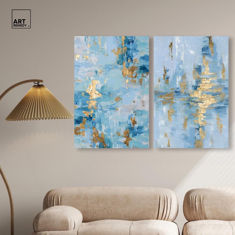 Ensemble de toiles « Gilded Ocean » - Décoration murale bleue par Art Remedy, cadre noir, 10 x 15, H 24 po x l 16 po
