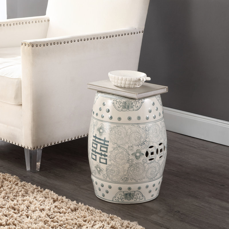 Tabouret de jardin double en céramique sarcelle et blanc Double Happiness, Sauge/blanc