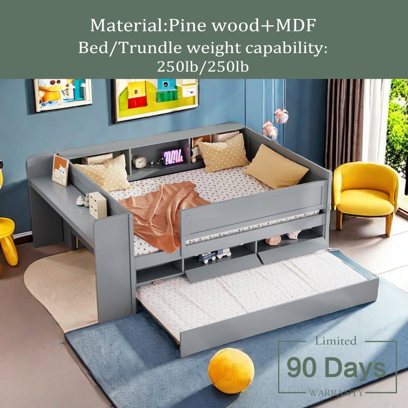 Multi-Functional Twin Daybed With Drawers And Trundle, Headboard Storage And Tables, USB Charging Station, Gray