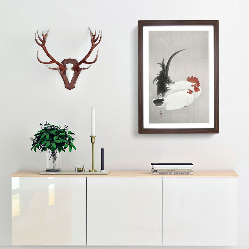 White Rooster & Hen by Ohara Koson - Picture Frame Painting Print, 48cm H x 36cm W x 2cm D, Walnut Framed