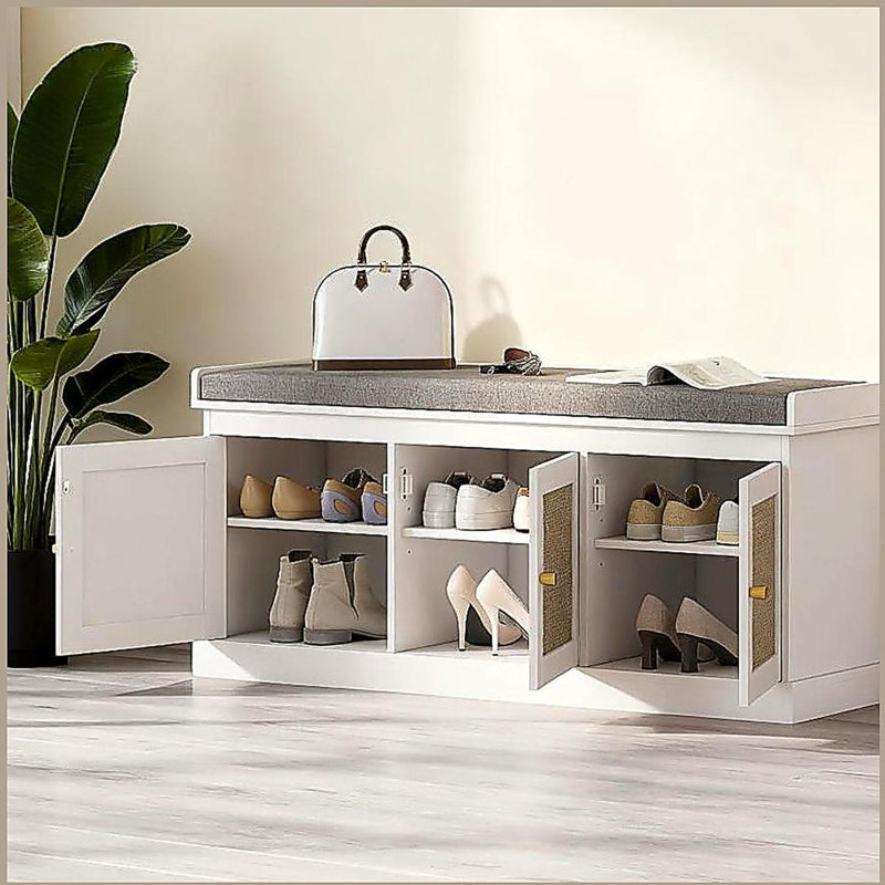 Banc à chaussures avec portes en rotin tissé, banc à chaussures avec coussin, Gris / Blanc