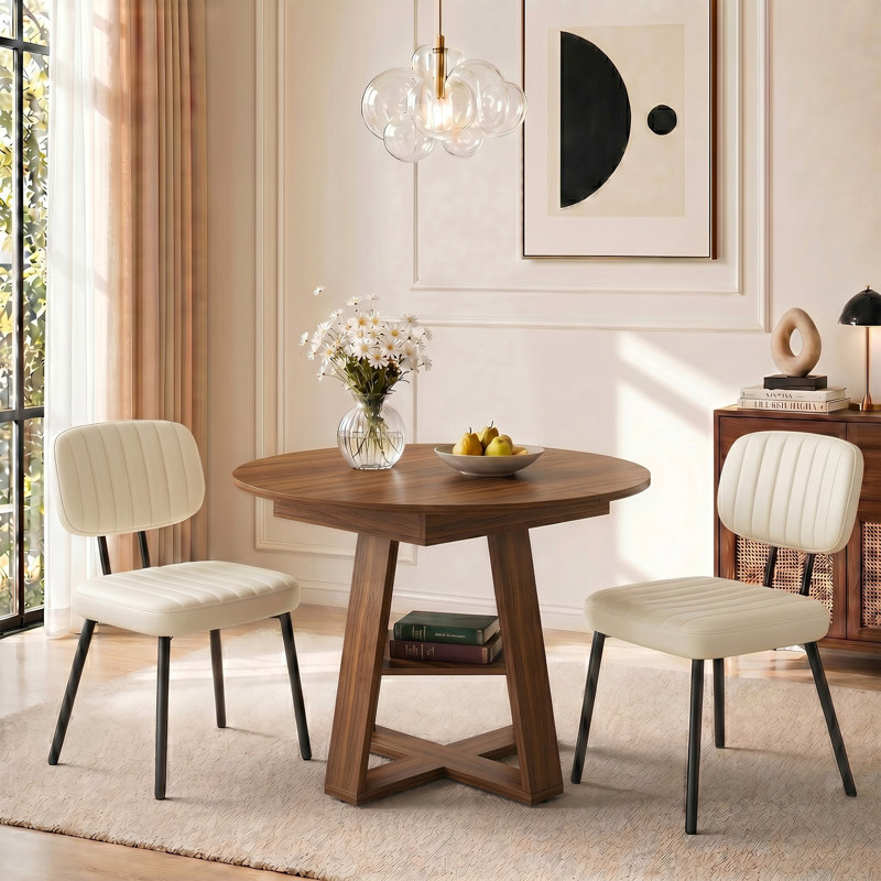 Aura Round Extendable Modern Kitchen Dining Table Set With Dining Chair, 3 Pieces: Table, 2 Chairs, Brown, White