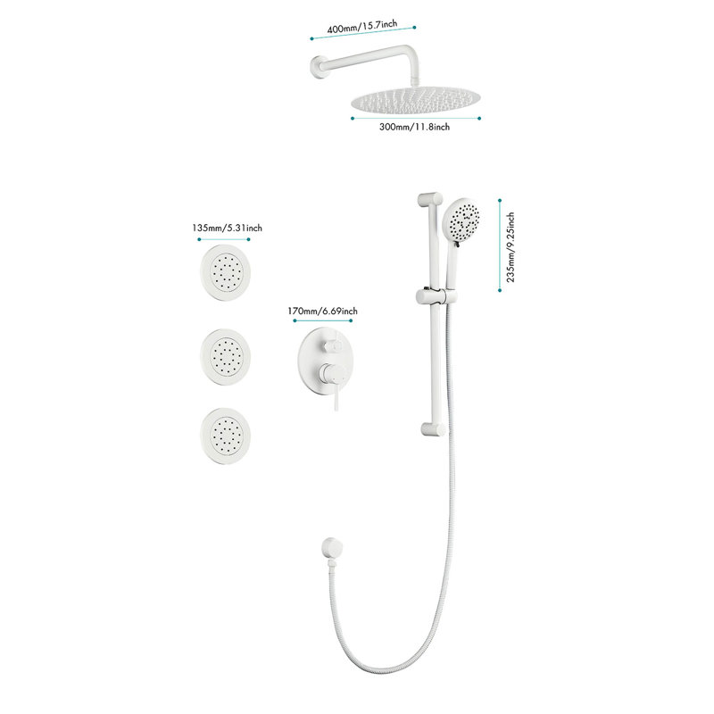 Shower Part With Bodysprays, Head - Brass, White Package Head, Hand Shower, Slide Bar, Arm, Hose, Valve, And Handles, White