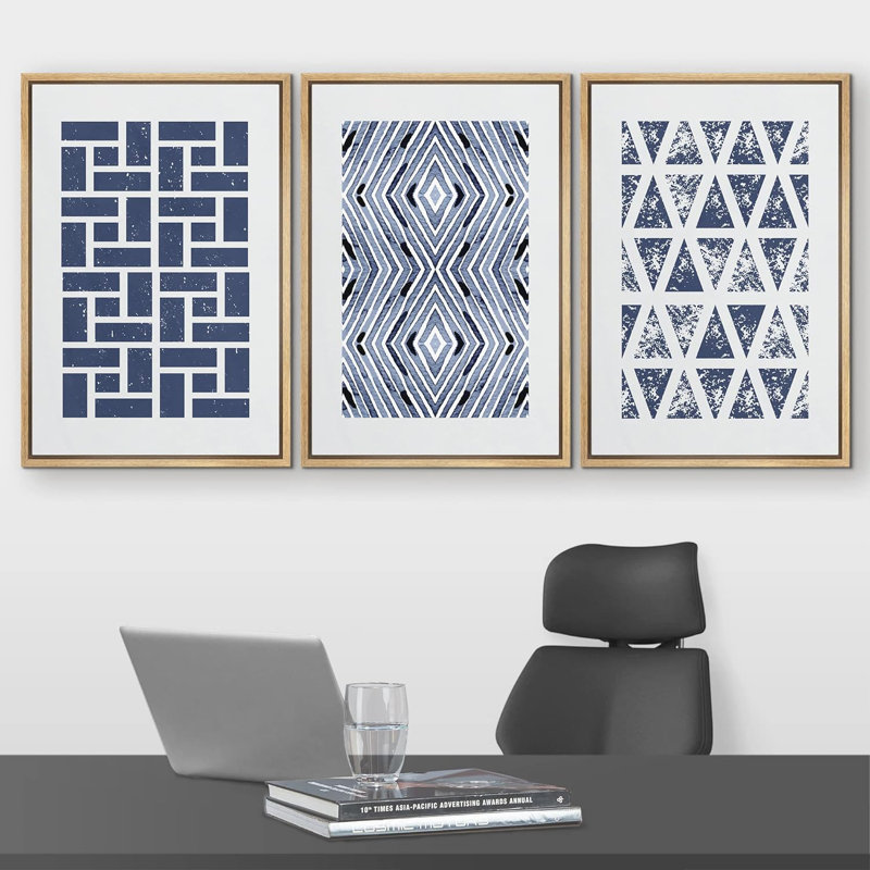 Carré bleu géométrique et formes abstraites à motifs abstraits, art bohémien bleu marine, 3 pièces, H 24 po x l 48 po