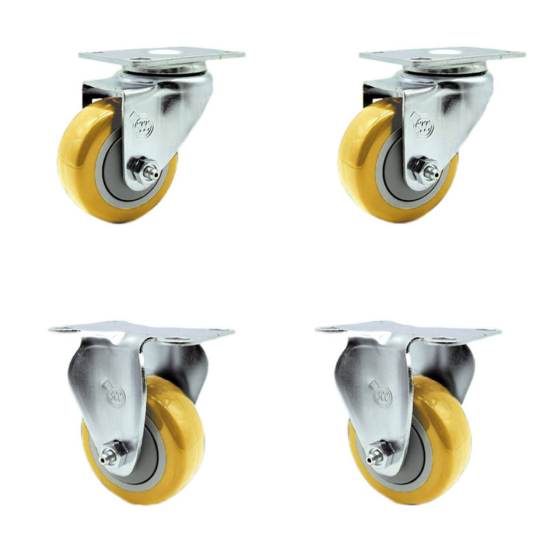 3 Inch Yellow Polyurethane Wheel Swivel Top Plate Caster Set with 2 Rigid SCC