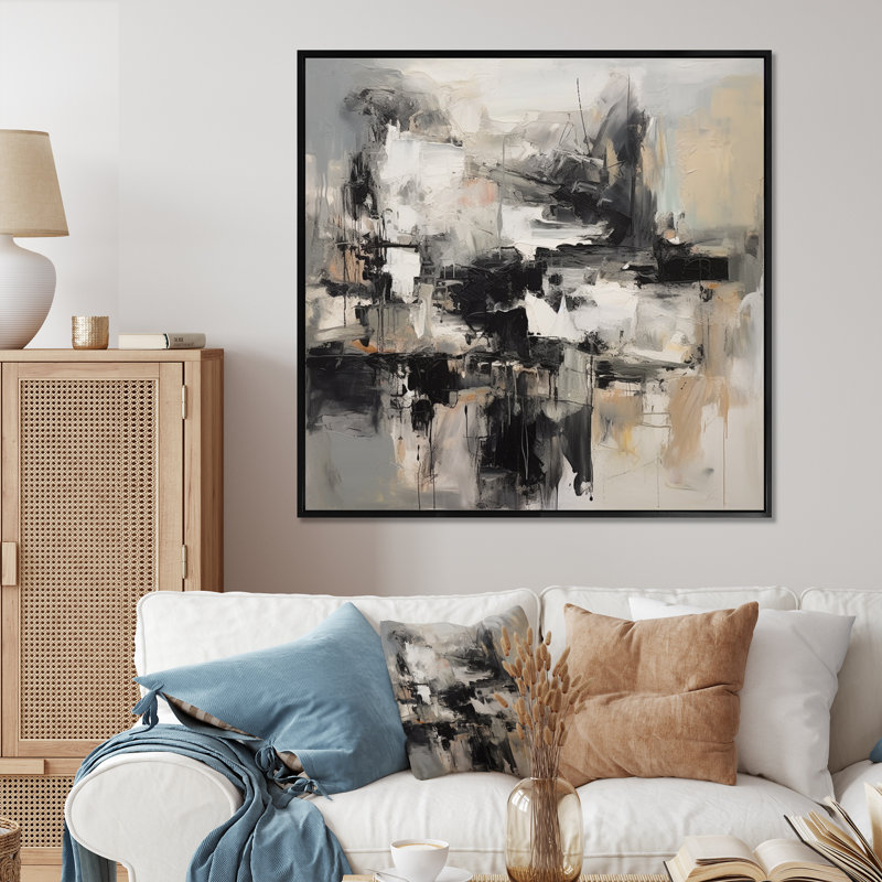 Gris intérieur noir des mondes de marbre II - art mural géométrique abstrait pour le salon, H 36 po x l 36 po x P 1,5 po