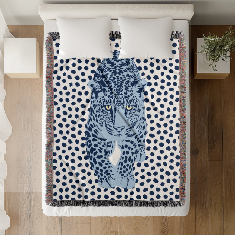 Jeté en mélange de coton Inky Leopard, L 70 po x l 50 po, Bleu / Blanc cassé