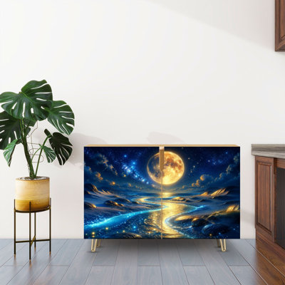 Sideboard Buffet Cabinet with Storage Luminous Full Moon Sparkling River Dreamlike Night Landscape with 2 Doors for Living Room and Kitchen