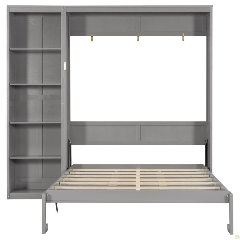 Grand lit escamotable mural avec tablettes, Gris