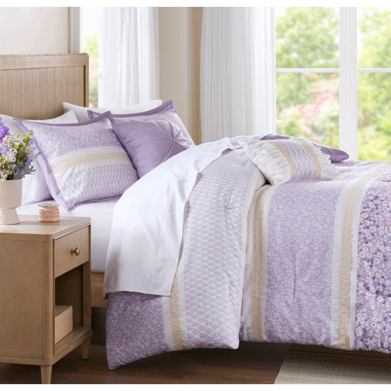 Ensemble de couette 5 pièces en microfibre seersucker brodée à volants, beige/rouge, taille grand lit/queen