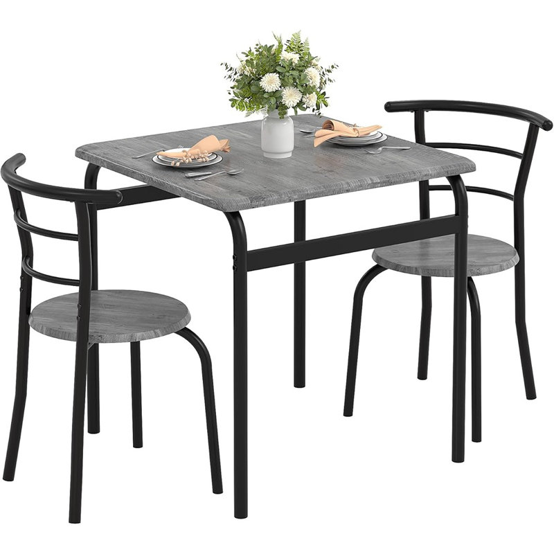Ensemble de table et chaises de salle à manger 3 pièces - Gris - Ensemble de coin-repas en métal et en bois pour 2 personnes, conception peu encombrante pour les petits espaces ou le coin-repas