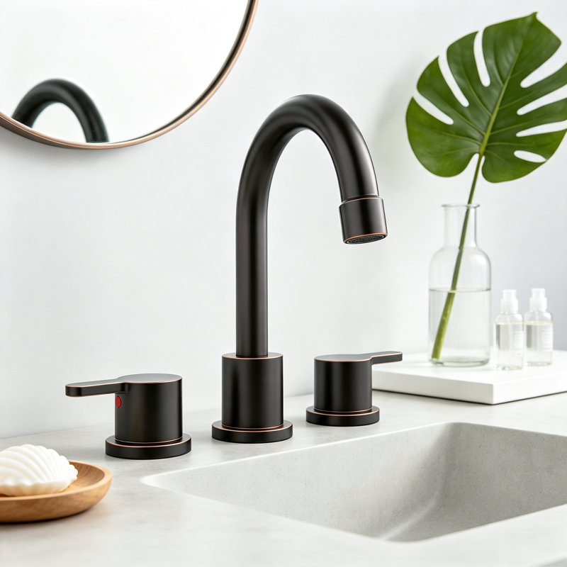 Robinet de salle de bain moderne à large entraxe avec bec pivotant à arc élevé, bonde escamotable et conduites d'alimentation