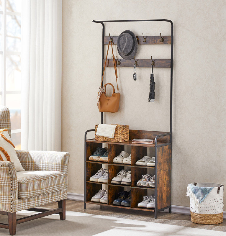 Portemanteau, portemanteau avec porte-chaussures pour le vestibule, portemanteau 3-en-1 et support de rangement, avec 7 crochets, une tringle à vêtements