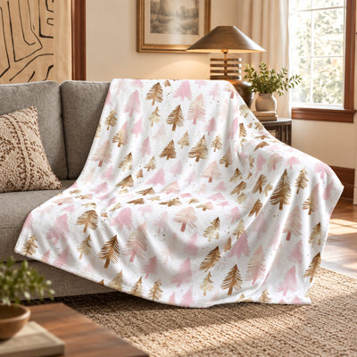 Blush Pink & Gold Reindeer Fleece Blanket - Watercolor Snowy Forest Pine Tree Pattern - Soft Cozy Winter Throw