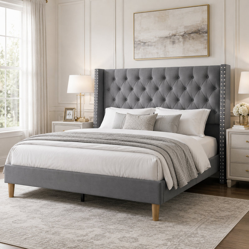 House of Hampton Modern Velvet Upholstered Platform Bed with Wingback Tufted Headboard, Gray, Queen