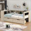 Lit plateforme en bois avec tablettes de rangement, tiroirs, station de charge et tête de lit tapissier-369343306-369343305