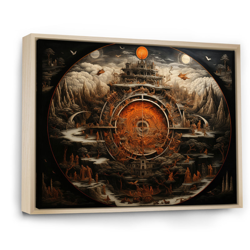 «Orange orange beige bouddhism roue de la vie», reproduction sur toile, 24" H x 32" W, Cadre naturel flottant