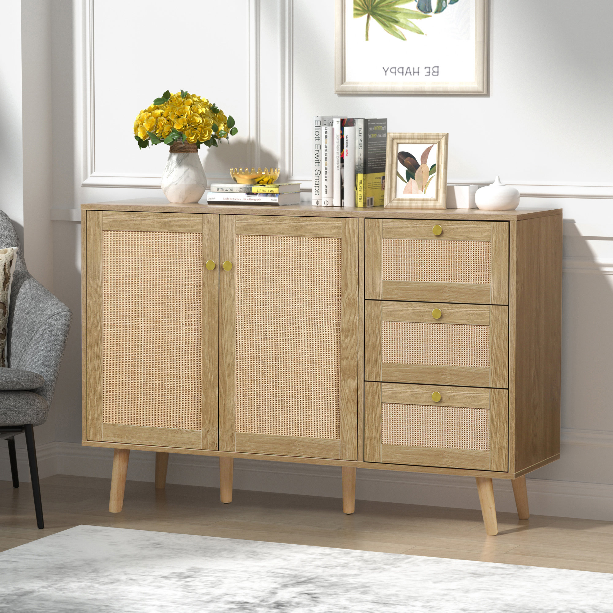 Manel Rattan Sideboard Buffet Cabinet, Storage Cabinet with 3 Drawers and 2 Doors Bay Isle Home Color: Natural