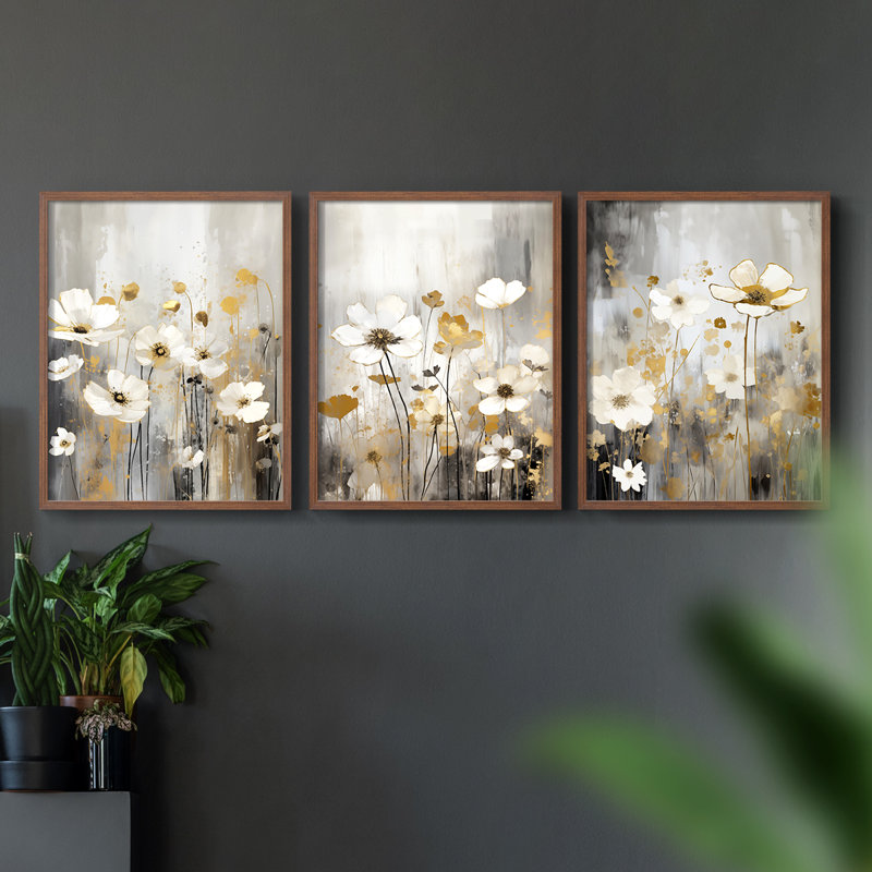 Étude florale CXL -Set de 3 estampes numériques giclées -Prêt à, Cadre noyer, H 14 po x l 11 po