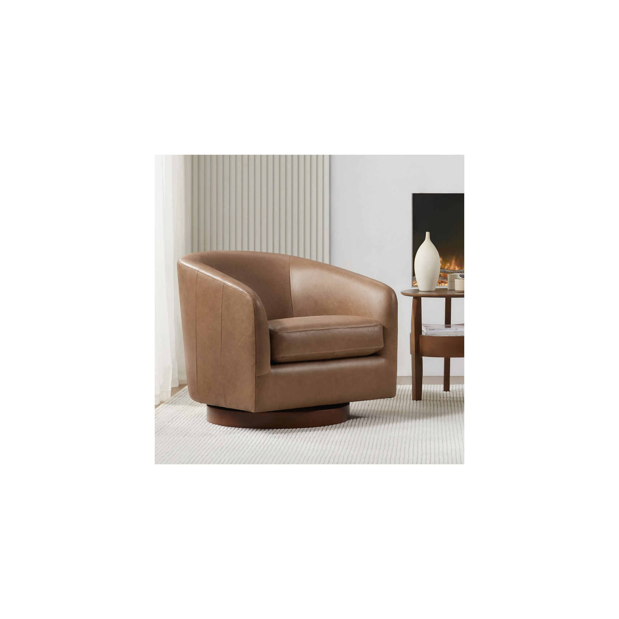 Bennett Genuine Leather Swivel Barrel Chair, Marseille Camel Top Grain Leather