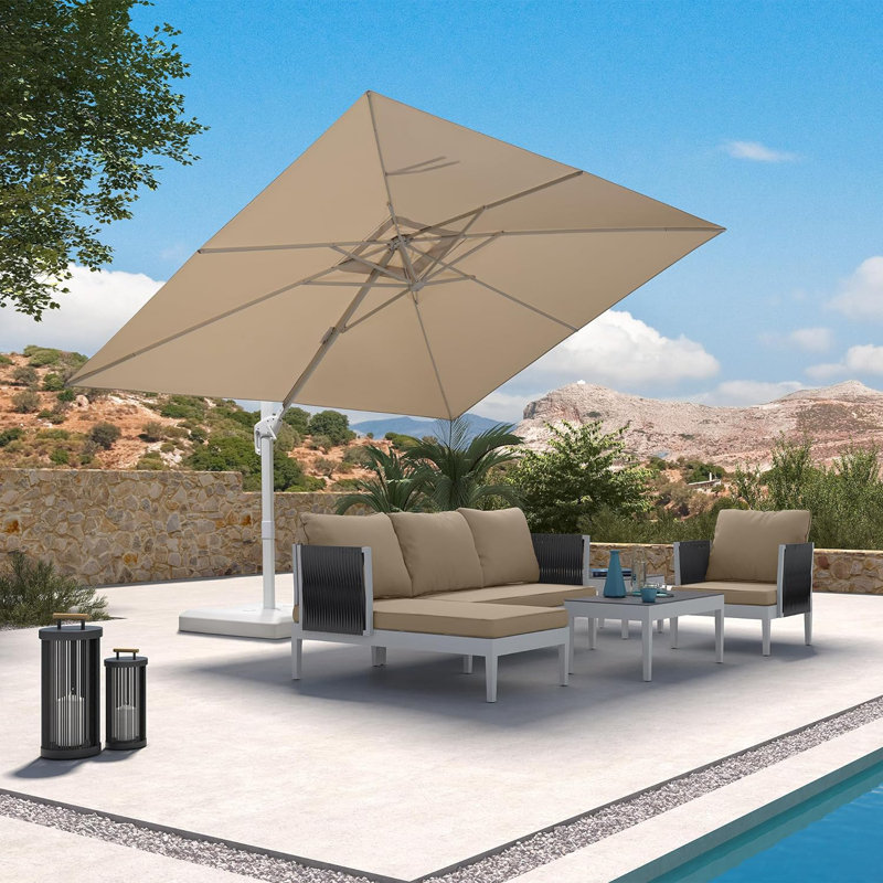 Rossanna White Pole 9' x 11' Rectangular Economical Large Cantilever Umbrella with White Base, Beige