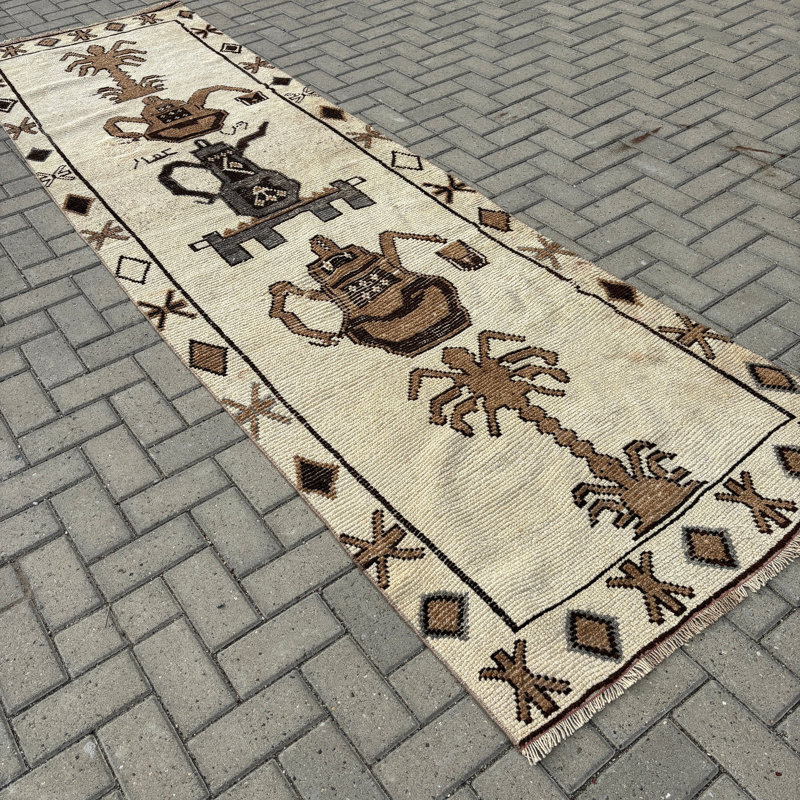 3.2x11.2 Ft Beige Wool Patchwork Runner Rug, Traditional Vintage Modern