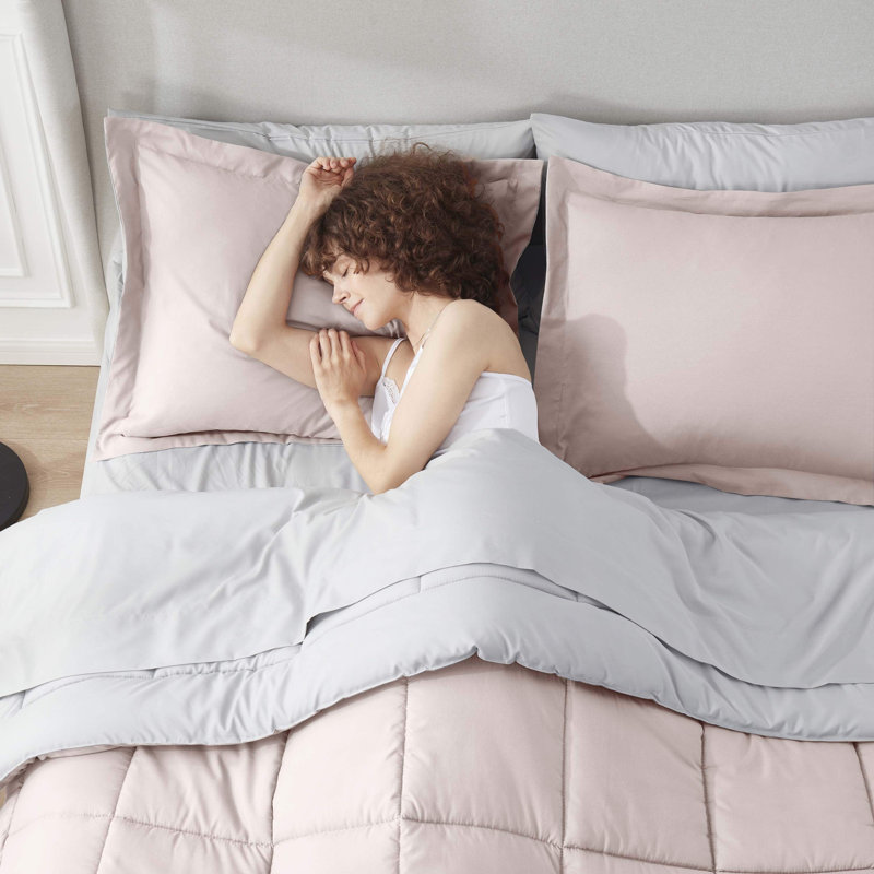 Bed-in-A-Bag Reversible Comforter Set with Bed Sheets & Down Alternative Pillows, Blush Pink