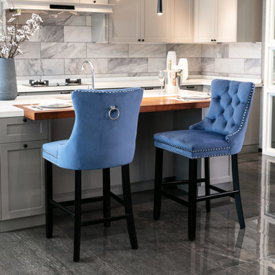 Velours de style moderne, pieds réglables, détails faits à la main - bleu (de 2 chaises de bar, tissu, tractions)