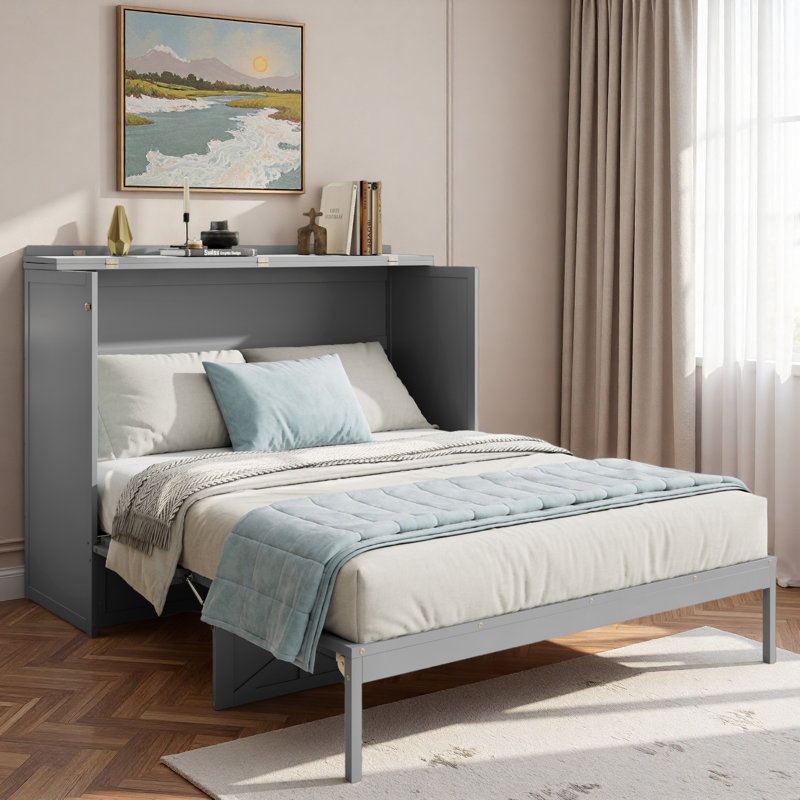 Lit escamotable avec grands tiroirs et USB, gris
