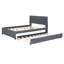 Lit plateforme double tapissier avec tête de lit à motif brique et gigogne simple, tissu en lin, structure moderne en bois massif, gris-835098218-835098217