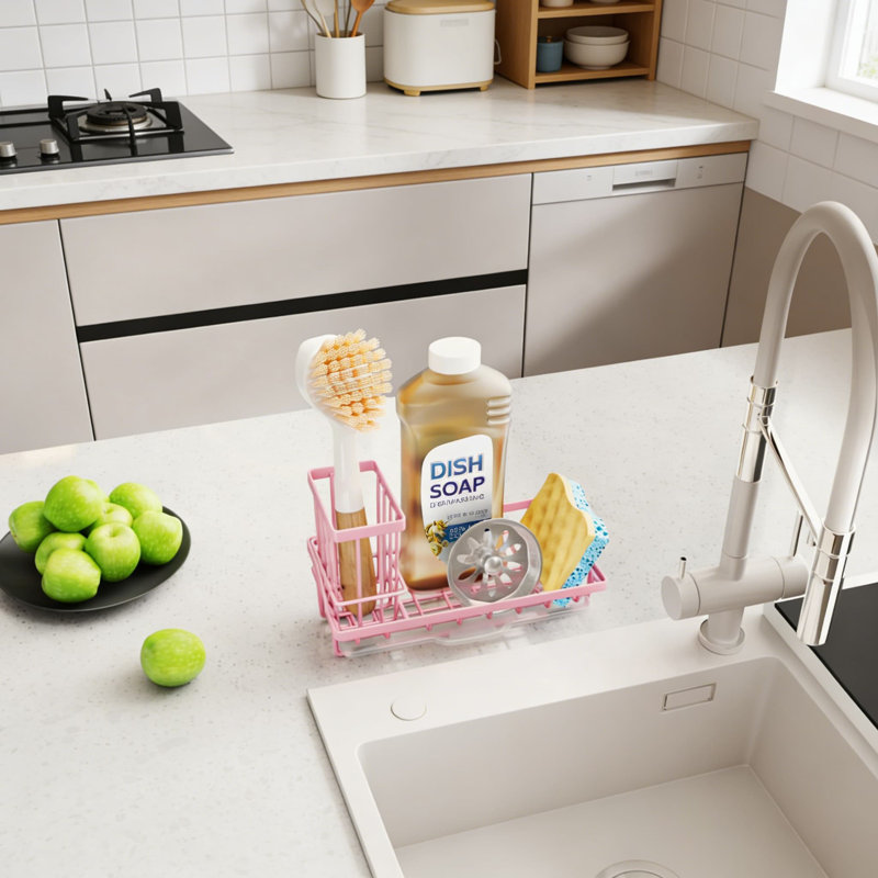 Organisateur d'évier de cuisine en acier inoxydable avec égouttoir amovible et porte-brosse - Éponge de comptoir pour un drainage efficace et un gain de place