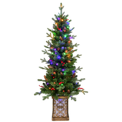 4FT Pre-Lit Green Christmas Tree With Glitter Base – 100 Multicolor LED Lights, 396 Tips, Red Berries & Pine Cones, PE/PVC Full Branches, Festive Light-Up Pot
