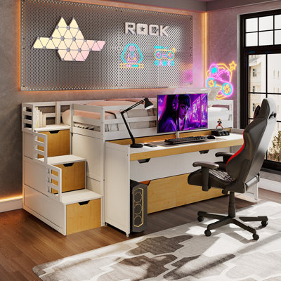 Twin XL Loft Bed with Pull-Out Desk and Twin Trundle, Multi-Functional Bunk Bed with 2 Storage Drawers and Storage Steps
