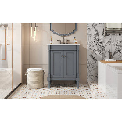 24 - Inch Bathroom Vanity With Sink, 2 Tier Storage Cabinet Made Of And Solid Wood Frame Soft Closing Hinges Glossy Basin Modern Ceramic Basin, Exquisite Metal Handles, For Use