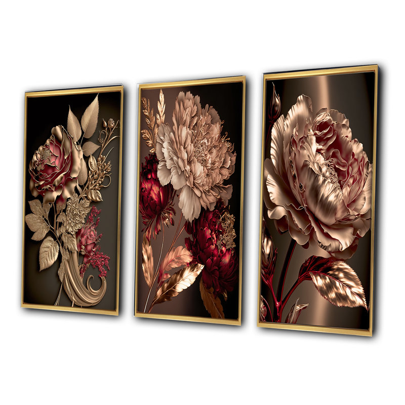 3 pièces sur toile - Rose doré rétro glam, Or, H 32 po x l 48 po