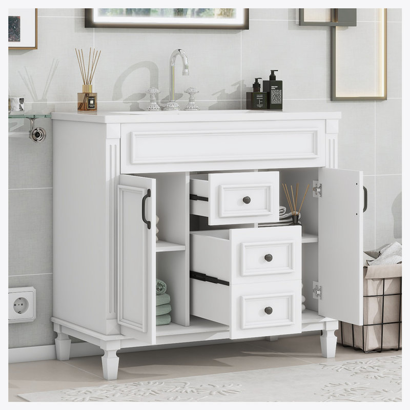 Meuble-lavabo moderne 36 po avec lavabo supérieur, Blanc / Blanc