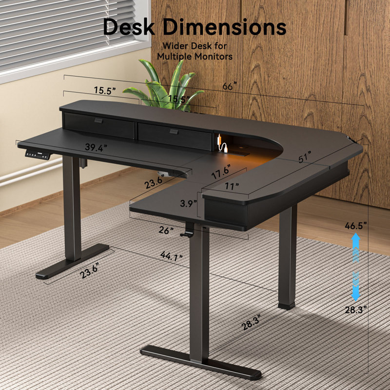 66" Height Adjustable L-Shaped Desk With Power Outlets & 3 Drawers, Standing Desk For Home Office, Black/Black