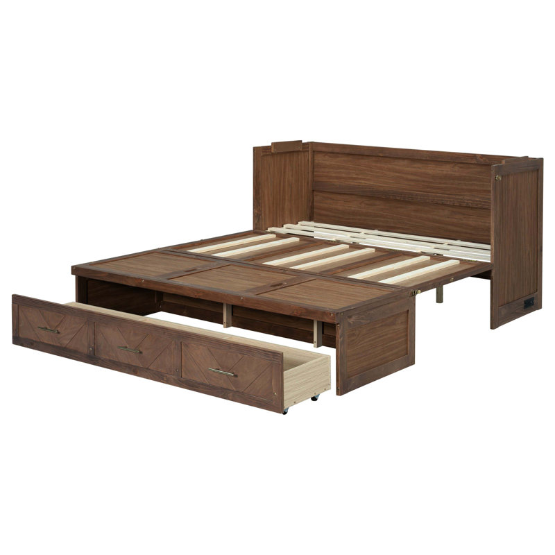 Grand lit escamotable en bois de pin avec station de charge USB intégrée et panneau de décoration géométrique, noyer clair