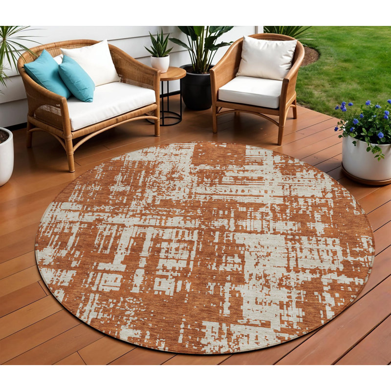 Tapis d'intérieur rond lavable abstrait brun et ivoire 8 pi