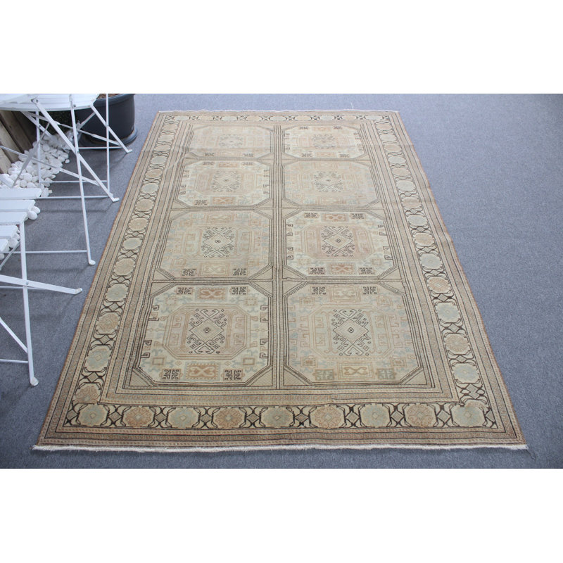Tapis turc rétro Oushak au design géométrique brun riche, idéal pour la cuisine ou le salon