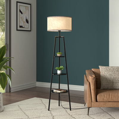 Alpaugh 160cm Black Round Shelf Floor Lamp with Fabric Lampshade