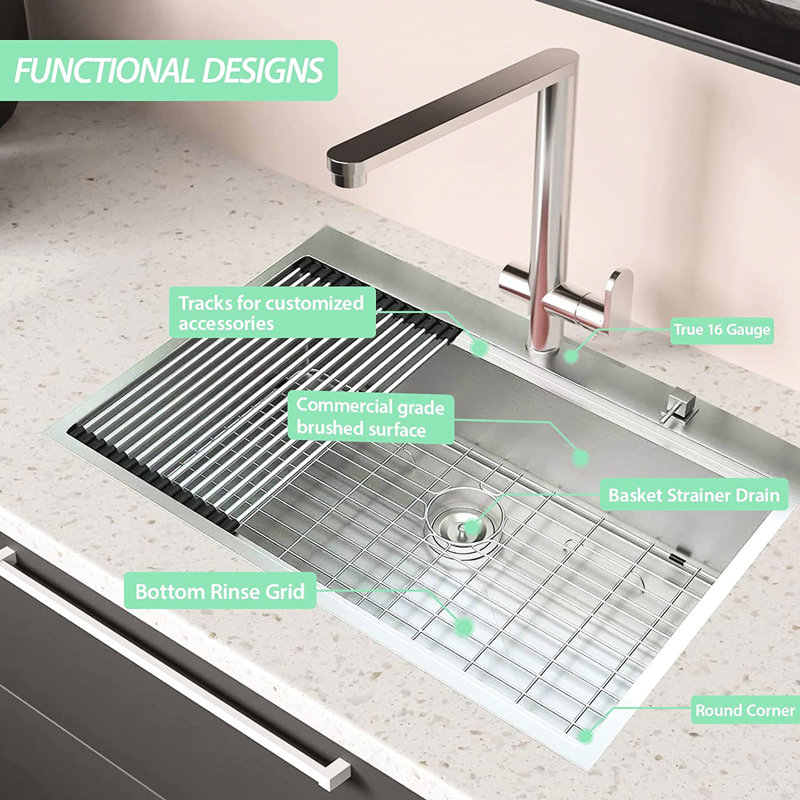 Évier spacieux en acier inoxydable de 33 pouces - avec rebord et accessoires pour une cuisine pratique, Argent argent