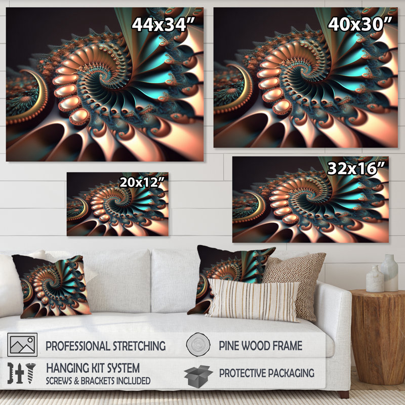 Fractal Wave en turquoise et or II - reproduction sur toile, H 34 po x l 44 po x P 1,5 po, Toile tendue