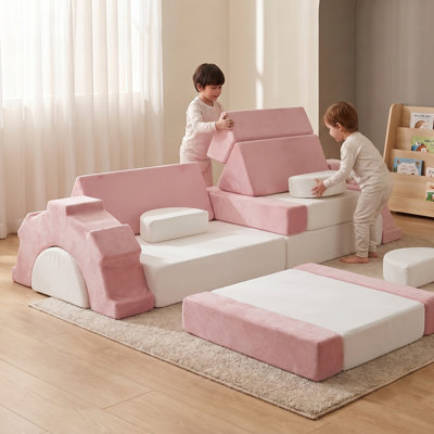 Canapé de jeu modulaire en mousse pour tout-petits, canapé convertible en mousse haute densité 25D avec housse en velours lavable, emballage compressé, rose et blanc pour coin lecture/salle de jeux