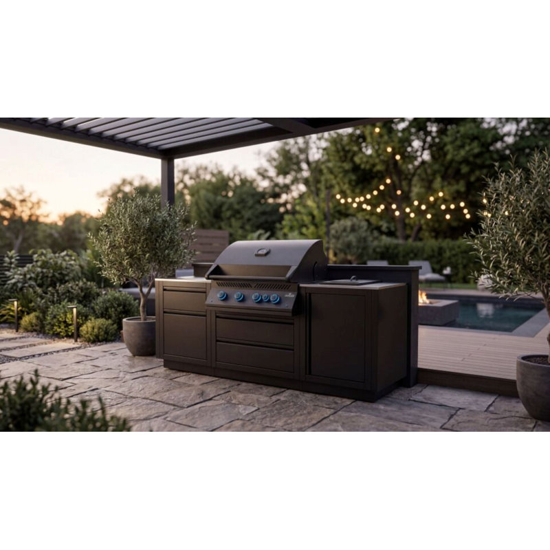 Ensemble de cuisine extérieure OASIS®, noir mat, propane, série 32 avec comptoirs en acier inoxydable, Propane liquide