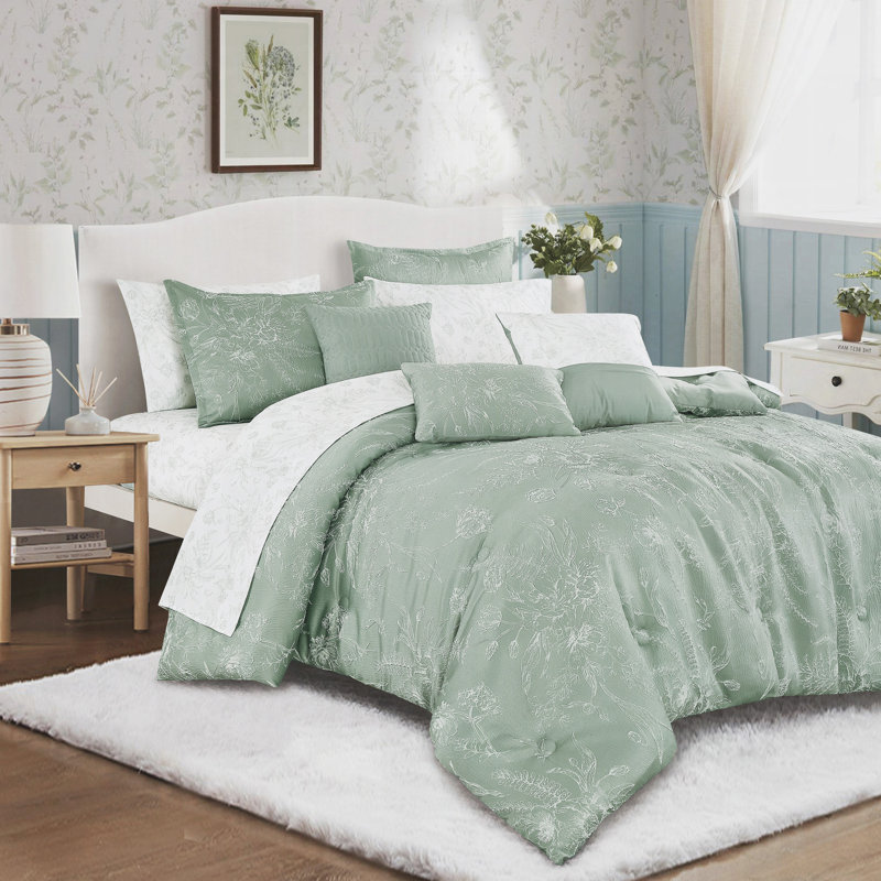 Ensemble d'édredon 10 pièces avec coussins décoratifs en jacquard Sage Green Floral